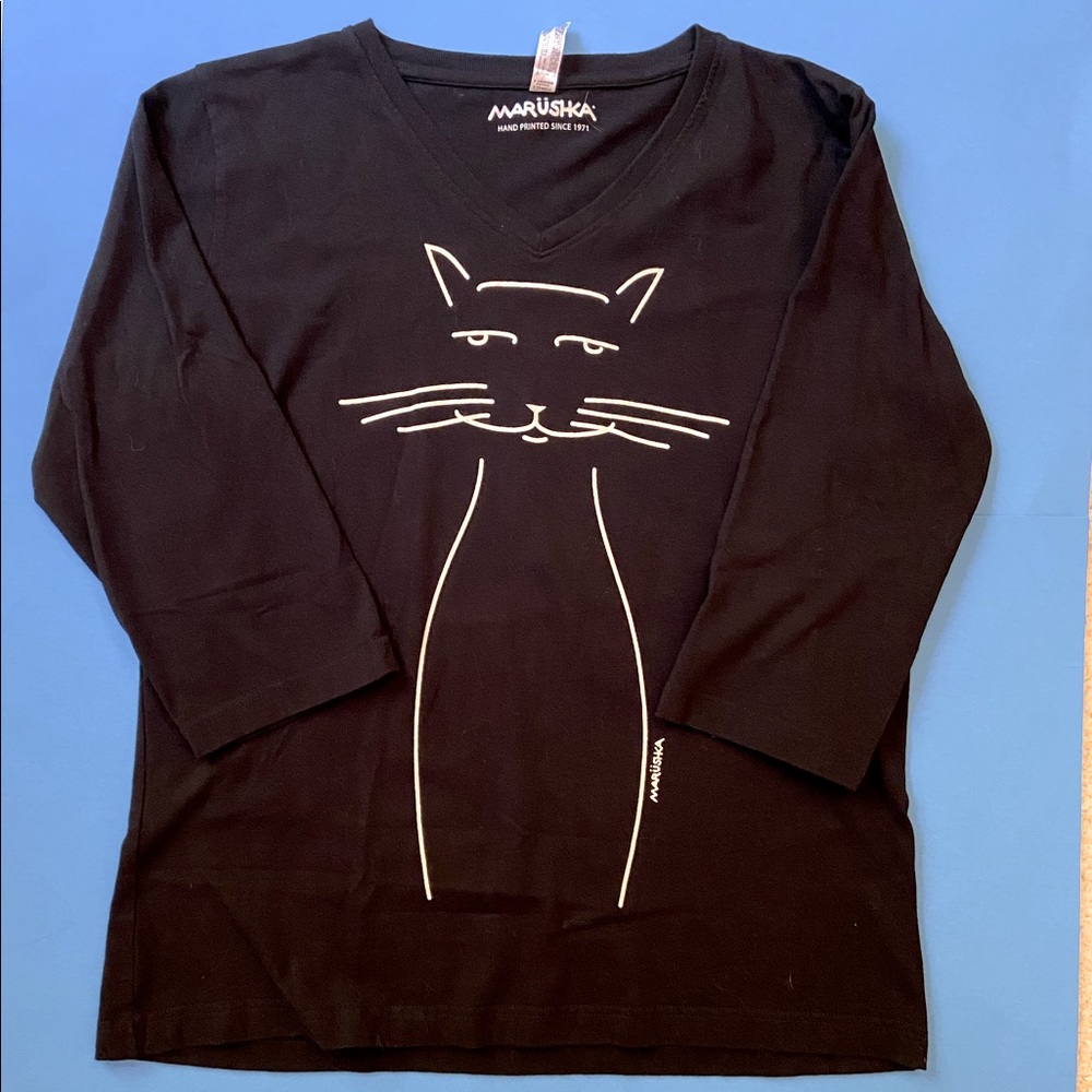 Marüshka Cat Tee Shirt —  Black V-Neck “Whiskers” 3/4 sleeve —like new